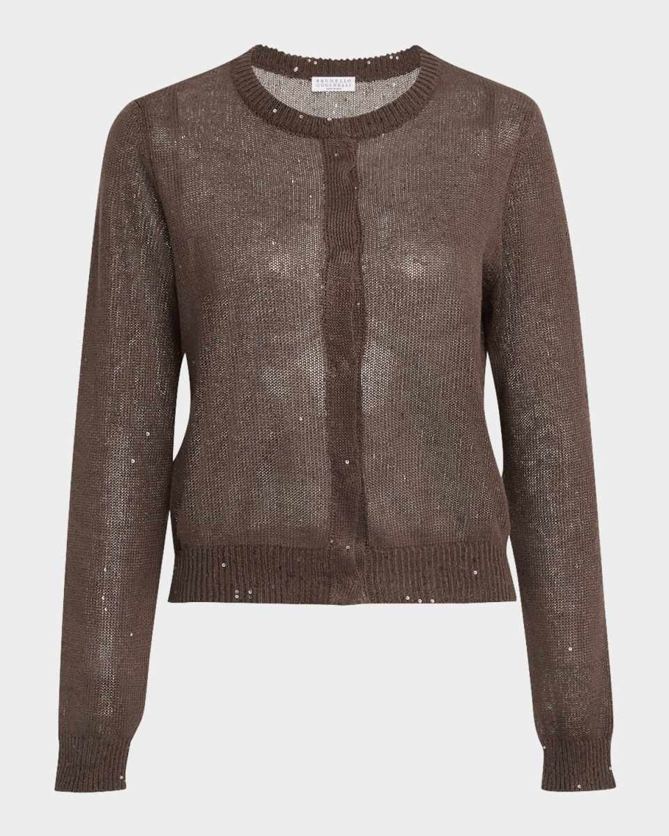 Linen Paillette Crewneck Cardigan